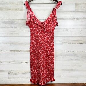 Japna Floral Mini Dress Smocked Ruffle Trim Tie Front Sleeveless Red Summer Sz M